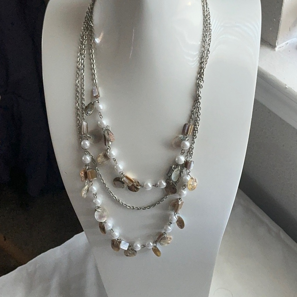 Premier faux pearl, abalone shell, 24”, three tier necklace